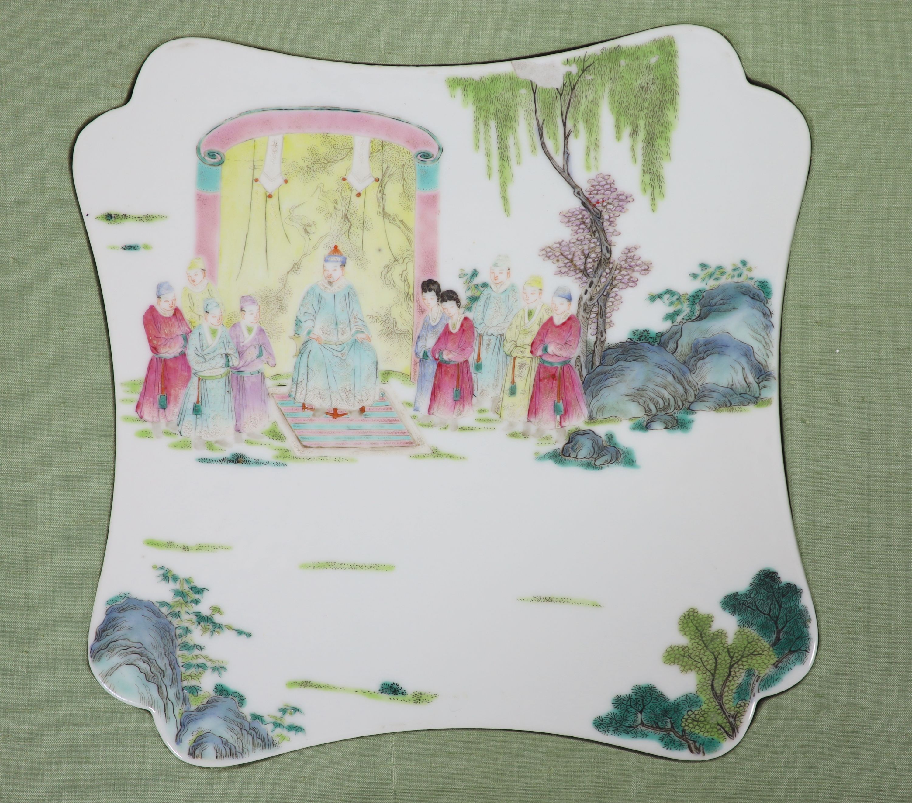 A set of three Chinese famille rose shaped square plaques and another similar plaque, 19th century, 20.5cm to 21cm wide, later mounted and framed (4)